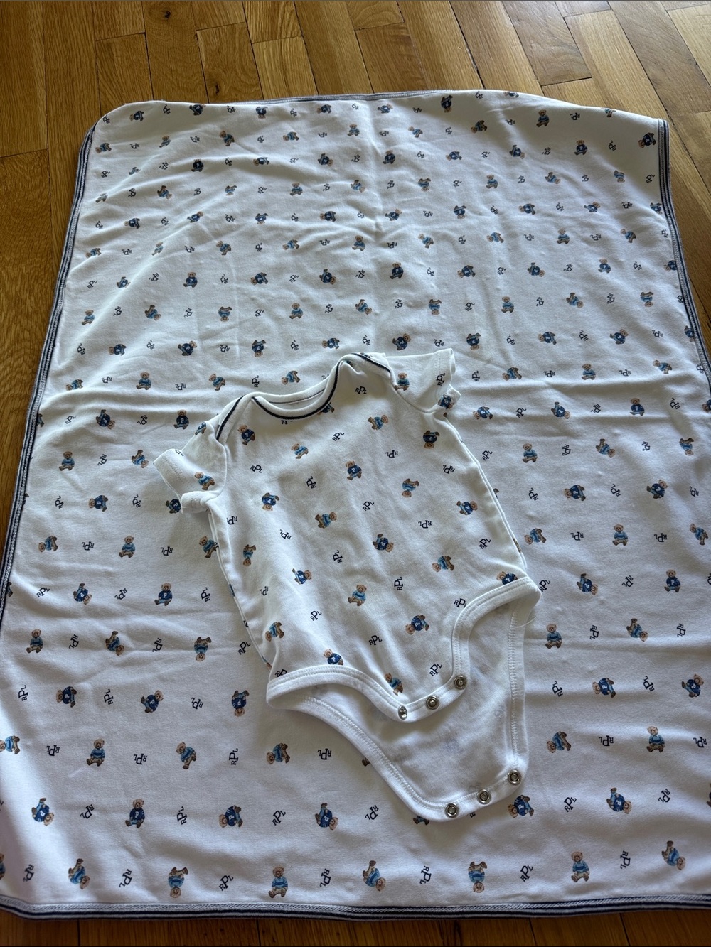 Ralph Lauren White Shirt with Navy Striped Trim Onesie & Blanket